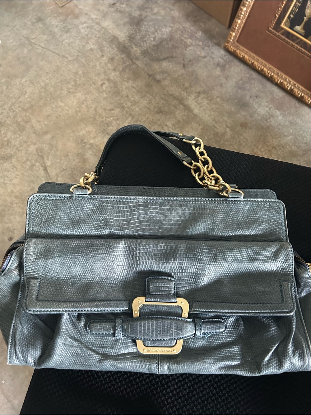 BCBGMaxAzria Metallic Gray Textured Shoulder Bag with Gold Chain Strap